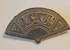Vintage Toledo Damascene Fan Brooch Spain Black Gold w/ Mtal Bird Floral picture