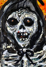 ORIGINAL ACEO Halloween Painting SKELETON Grim Reaper Night Skull Fall ATC ART picture