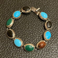 Vintage Mexican Sterling Silver 925 Multi Stone Bracelet Taxco Turquoise Onyx picture