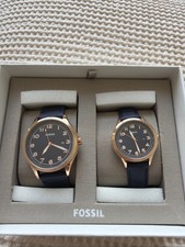 MWT Fossil BQ2470SET His and Her Wylie Three-Hand Navy Leather Watch Box Set  picture