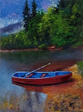 YARY DLUHOS Landscape Lake Rowboat Trees Boat Water Original Art Oil Painting picture