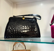 Vintage VASSAR Genuine Alligator Black Leather Top Handle Bag, Gold Clasp picture