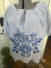 Women’s Cato Blue Striped Embroidered Peasant Top Medium NWT picture