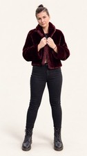 Vintage Red Mouton Fur Jacket Plush Sheared Lamb Cropped Coat Fluffy Burgundy picture