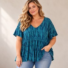 Lane Bryant Blouse Women’s 26/28 Blue Green Peplum Shorts Sleeve NWT picture