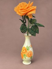 Vintage French Beaded Orange Rose In Vintage Vase With Painted Rose Design picture