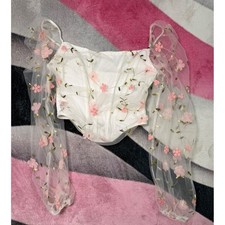 Shein White Corset Top Pink Floral Mesh Puff Sleeve Fairycore XS 2 picture