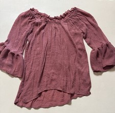 Forgotten Grace Women’s L Pink Boho Peasant Blouse Off Shoulder Bell 3/4 Ruffle picture