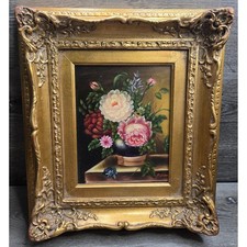 Vintage Floral Still Life Oil Painting Signed P. Noel Gold Ornate Frame Decor picture