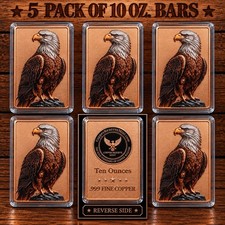 5 Pack-10 oz .999 Fine Copper Bar–Bald Eagle–UV Colorized-Copper Reserve Mint 🦅 picture