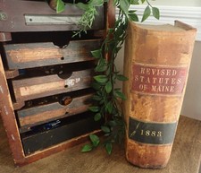 ANTIQUE 1883  Statutes of Maine Leather Decor Large Book Law Signed P. Hilton picture