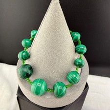 Vintage Malachite Beaded Bracelet Green Pollished Stone 7.5” picture