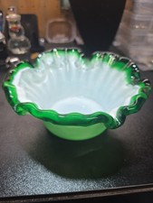 Vintage Fenton Emerald Crest Double Crimped Bonbon Dish Glass Bowl... picture