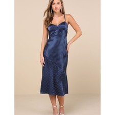 #92- NWT Lulu's Certainly Flawless Navy Satin Rhinestone Cowl Back Midi Dress picture