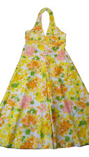 VTG Handmade Halter Swing Dress Yellow Floral Polyester Zip Back 60's 70's picture