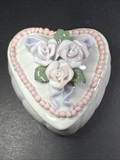 Vintage Enesco Trinket Box + Lid Ceramic Porcelain 3-D Pink Roses Ribbon Bow picture