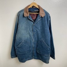 Vintage 90s Woolrich Aztec Blanket Lined Denim Chore Coat Size XL Leather Collar picture