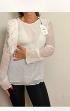 Zara Women’s White Sheer Chiffon Blouse Long Sleeve Feather Accent Size M picture