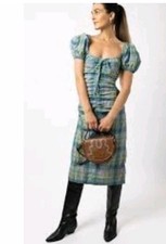 NEW Ganni plaid seersucker midi rucked puff sleeve peasant dress L(40) picture