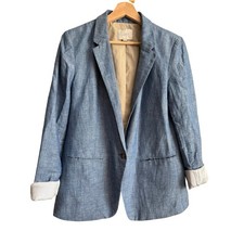 Ann Taylor LOFT Light Blue Cotton Linen Blend Chambray Button Blazer Jacket SZ 4 picture