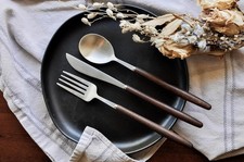 Lightweight Stainless Steel Flatware Set with Walnut (4 Sets, Plain) picture