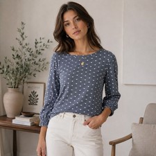 Chicos Polka Dot 3/4 Sleeve Top Blue Ruffle Cuff Scoop Neck Size 3 XL picture