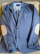 Men's Cremieux Blue Linen Blazer XL Elbow Patches Pockets & 38 Shield Lapel Pin picture