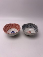 Vintage Japanese Tachikichi Small Bowls Pair Red Blue Porcelain Original Box picture