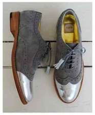 Handmade Women's Gray Leather & Suede Oxford Wingtip Brogue Lace Up Dress Shoes picture