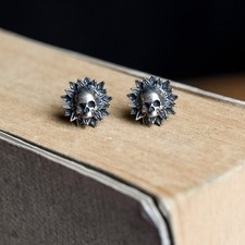 Sunflower Skull Ear Studs Earrings Gothic Punk Rock Vintage 925 Sterling Silver picture