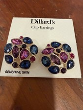 Vintage Dillard's Clip On Earrings Sensitive Skin Blue Pink Crystal Cluster NOS picture