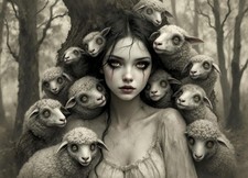 'the flock had its reasons' e9Art AI ACEO Sheep Bo-Peep Surrealism Art Card ATC picture