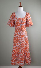 TALBOTS $158 Printed Puff Sleeve Midi A-Line Cotton Flounce Hem Dress Size 6 picture