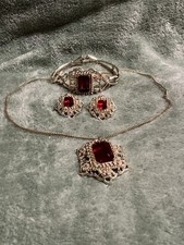 Vintage S&C Signed Red Emerald Cut Costume Jewelry Demi Parure Full Set 1960s picture