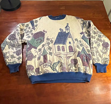 VTG Sugar Street Weavers Tapestry Knit Scenic Birdhouse Crew Neck Sweater O/S picture