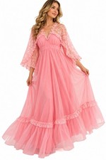 Vintage 1950s Handmade Pink Lace Maxi Dress Size M Southern Belle Cape Coquette picture