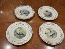 LA FRACAISE SEMI VITREOUS FISH SEA LIFE SEAFOOD PLATES SET 4 ANTIQUE ESTATE FIND picture