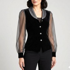 Vintage Sm Black Velvet Sheer Twee Blouse Womens Whimsigoth Another Thyme Y2K picture