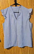 SHEIN Women's XL Blue/White Striped Ruffle V-Neck Sleeveless Pullover Blouse picture