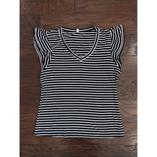 Striped Top V-Neck Flutter Sleeve Navy & White picture