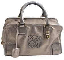 Authentic LOEWE Amazona 28 Anagram Hand Boston Bag Leather Silver AD458 picture