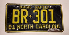 Vintage 1961 North Carolina License Plate Tag #BR-301 Original Collectable picture