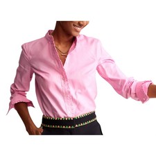 NWT Boden Phoebe Button-Up Cotton Shirt PINK CHAMBRAY Tiny Ruffle Trim US-2 picture