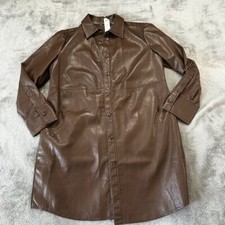 NWT $169 Chico's Faux Leather Long Shacket Jacket Brown Faux Leather MEDIUM 8/10 picture