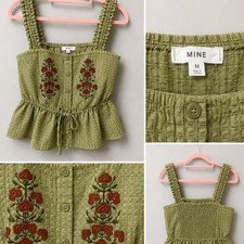 Mine Embroidered Peplum Tank Top Medium Olive Green Floral Smocked Boho picture