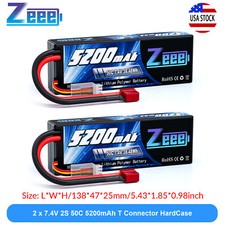 2x Zeee 7.4V 50C 5200mAh 2S LiPo Battery T Plug Hardcase for RC Car Truck Truggy picture