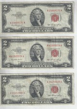 Lot of (3), 1953 $2 Red Seal Bills, Circulated,  Good Edges, No Tears picture