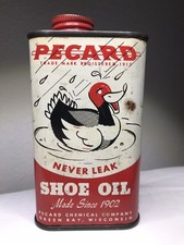 Vintage Pecard Never Leak Shoe Oil Empty Tin ~ 8 fl oz ~ Duck Graphics picture