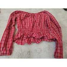 Crewcuts by J.Crew Girls Red Plaid Smocked Off-the-Shoulder Peplum Blouse Size14 picture
