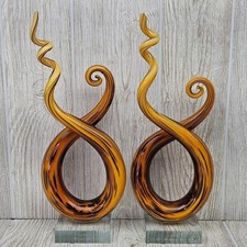 Murano Glassware Set of 2 Amber Brown Swirl Abstract Art Glass Sculptures 12.5